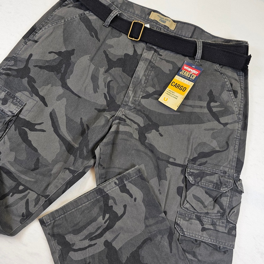 Wrangler Jeans Co Mens Gray Camo Cargo Pants 40x30 Relaxed Straight With Belt